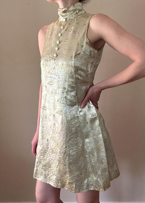 Vintage 60s Gold Silk Satin Brocade Print Mini Dr… - image 1