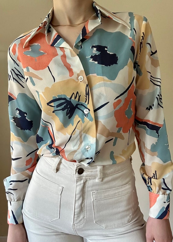 Vintage 70s Abstract Floral Print Blouse