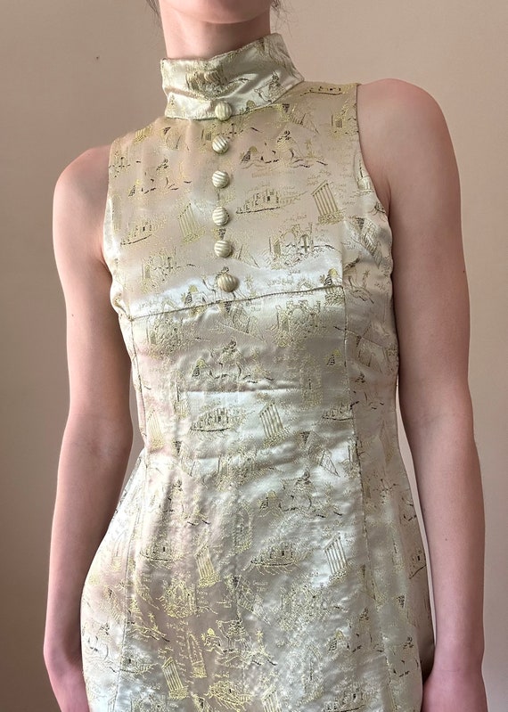 Vintage 60s Gold Silk Satin Brocade Print Mini Dr… - image 3