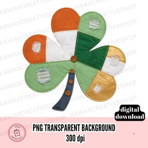 Könnte beinhalten: Ein farbenfrohes Kleeblatt-Design mit orangefarbenen, grünen, weißen und goldenen Flicken, akzentuiert mit Holzknöpfen und einem Jeansstiel. Der Text "PNG TRANSPARENT BACKGROUND 300 dpi" und "digital download" ist enthalten.