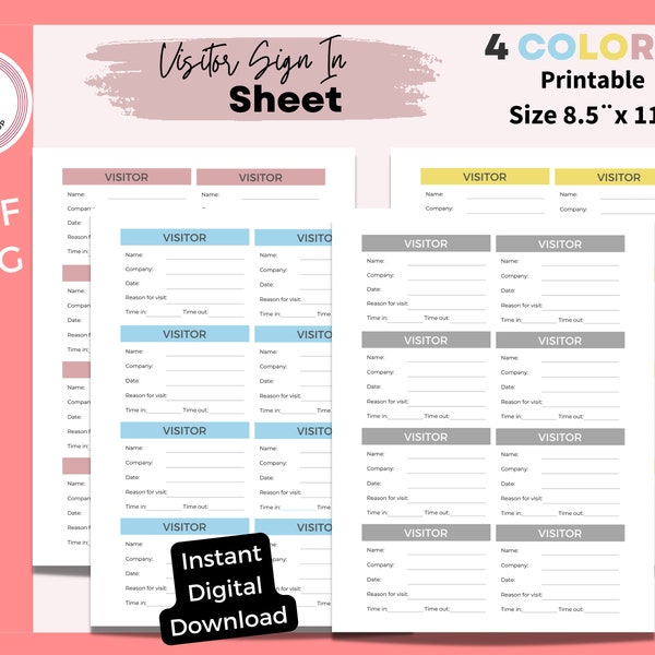 Visitors Log PDF PNG 8.5 x 11, Visitor Sign In Sheet, Digital Download, Printable Sheet