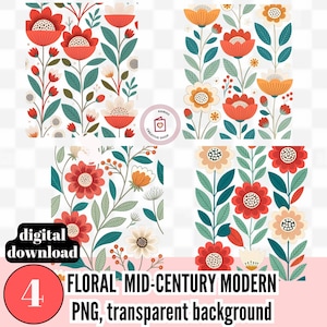 Könnte beinhalten: Vier digitale florale Designs im Mid-Century-Modern-Stil. Die Designs zeigen stilisierte Blumen in Rot, Orange und Creme mit grünen Blättern und Stielen auf weißem Hintergrund. Der Text "digital download" und "4" ist ebenfalls sichtbar.