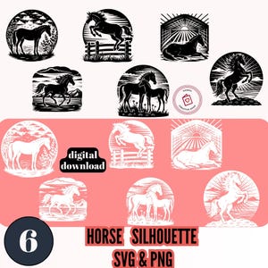 Ensemble de 6 fichiers PNG et SVG Silhouette de cheval Cheval dans diverses poses Clipart équestre pour l'artisanat et les conceptions Téléchargement numérique Utilisation POD
