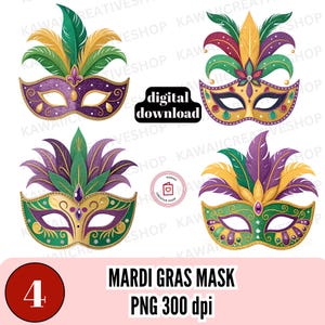 Mardi Gras Mask PNG Bundle 4 Festive Carnival Mask Illustrations for Party Decor & DIY Crafts
