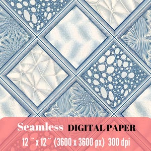 Könnte beinhalten: Nahtloses digitales Papier mit einem sich wiederholenden Muster aus blauen und weißen geometrischen Formen und floralen Designs, umrahmt von einem dunkelblauen Rand. Das Papier misst 30,48 cm x 30,48 cm (3600 x 3600 px) bei 300 dpi.