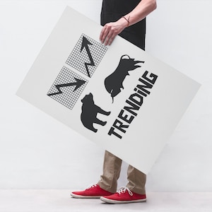 May include: A white poster with black silhouettes of a bull and bear, a grid with an upward arrow, and the word "TRENDING" in large black letters.