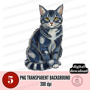 Könnte beinhalten: Digitale Illustration einer sitzenden Katze mit einem Jeans-Patchwork-Design. Die Katze hat gelbe Augen, eine weiße Brust und einen gestreiften Schwanz. Das Bild enthält den Text "PNG TRANSPARENT BACKGROUND 300 dpi" und "digital download".