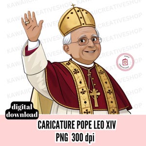 Papa Leone XIV PNG in stile cartone animato, primo pontefice americano in abito dorato, clipart del clero, arte digitale cattolica per stampa e artigianato, uso POD