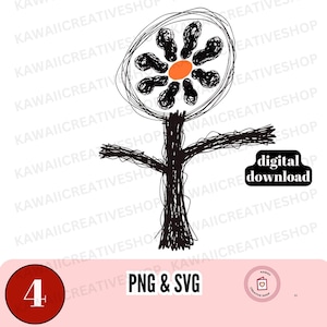 May include: A whimsical black and white illustration of a tree with a flower-like top and an orange center. The image includes the text "digital download" and "PNG & SVG".