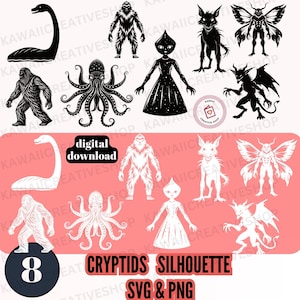 Może przedstawiać: Grafika do pobrania cyfrowego z ośmioma sylwetkami kryptyd w kolorze czarno-białym. Projekty obejmują potwora z Loch Ness, Bigfoota, kosmitę i inne mityczne stworzenia. Tekst "CRYPTIDS SILHOUETTE SVG & PNG" jest również dołączony.
