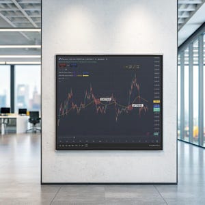May include: A large, rectangular digital display mounted on a white wall. The screen shows a financial chart with red and yellow lines, labeled "DOWNTREND" and "UPTREND". The background is a dark color, and the display is in a modern office setting.