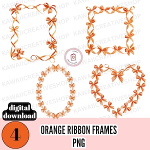 Cadres de rubans coquettes PNG, ornements de ruban orange, formes de cœur, ovales, carrées et rectangulaires avec nœuds, clipart numérique pour l'artisanat et la décoration