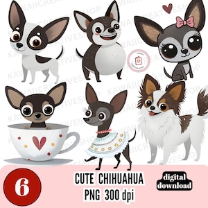 Cute Chihuahua Cartoon Illustrations Set of 6 PNGs in Brown, Black, and White Chihuahua Dog Digital Download Chihuahua Clipart