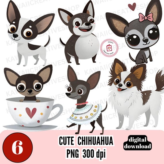 Cute Chihuahua Cartoon Illustrations Set of Pngs in Brown, Black