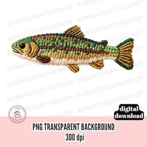Könnte beinhalten: Ein detaillierter, gehäkelter Fisch in Grün-, Braun- und Goldtönen mit weißem Bauch. Der Fisch hat ein strukturiertes Aussehen mit Flossen und Schwanz. Das Bild enthält Text: "PNG TRANSPARENT BACKGROUND 300 dpi" und "digital download".