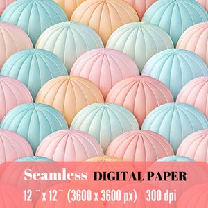 May include: Seamless digital paper with a repeating pattern of pastel-colored, dome-shaped designs. The domes are in shades of pink, peach, and teal. The paper is 12" x 12" (3600 x 3600 px) at 300 dpi.