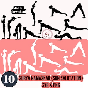 Op de afbeelding: Een set van 10 zwart-wit silhouetbeelden die de poses van Surya Namaskar, ook wel bekend als zonnegroet, weergeven. De tekst "10 SURYA NAMASKAR (SUN SALUTATION) SVG & PNG" staat onderaan de afbeelding.
