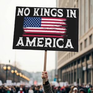Könnte beinhalten: Ein schwarzes Schild mit dem Text "NO KINGS IN AMERICA" in Weiß, mit einem Design der amerikanischen Flagge. Das Schild wird in einer Menschenmenge hochgehalten, mit einem verschwommenen Hintergrund aus Gebäuden und Straßenlaternen.