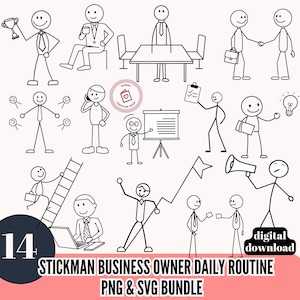 Stickman BusinessMan Daily Routine PNG SVG Bundle Office Worker Clipart Business Illustration Pack Digital Download Stick figure Icons