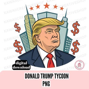 Trump Tycoon Cartoon Illustration with Cityscape Background Digital Download