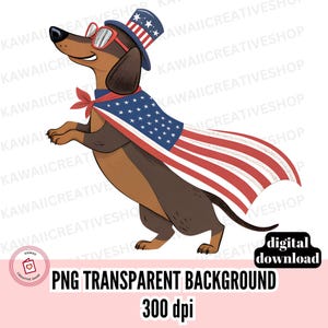 Patriotic Dachshund 4th of July PNG USA Flag Cape Cartoon Wiener Dog Clipart Fourth of July Sublimation Art Cute Dachshund