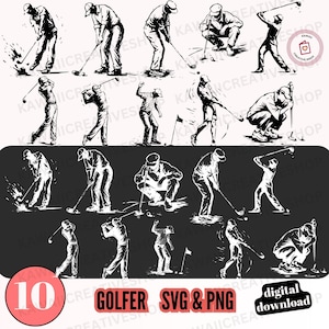 Könnte beinhalten: Schwarz-Weiß-Illustrationen von Golfspielern in verschiedenen Posen, beim Schwingen von Schlägern und Vorbereiten des Putts. Der Text "10 GOLFER SVG & PNG" und "digital download" ist enthalten. Die Illustrationen sind vor einem Schwarz-Weiß-Hintergrund.