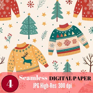 Könnte beinhalten: Nahtloses digitales Papier mit festlichem Weihnachtsthema. Das Design zeigt sich wiederholende Muster von Weihnachtspullovern, Weihnachtsbäumen, Schneeflocken und Sternen in Rot, Grün, Gelb und Weiß auf cremefarbenem Hintergrund. Das Bild enthält den Text "Seamless DIGITAL PAPER" und "JPG High-Res 300 dpi."