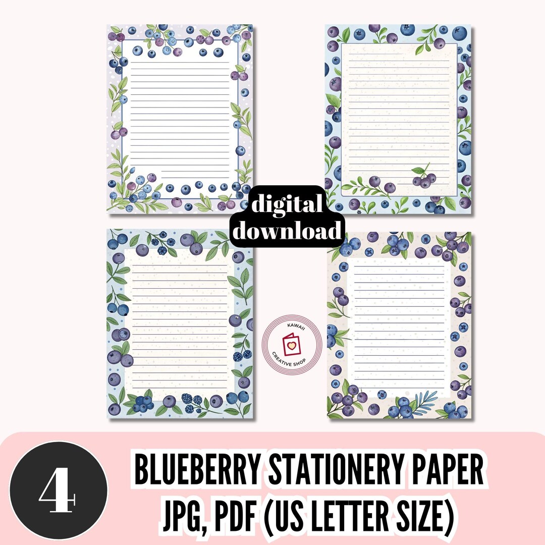 Blueberry Writing Paper Set 4 Printable Stationery Designs US Letter ...