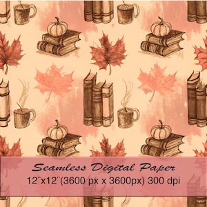 Könnte beinhalten: Nahtloses digitales Papier mit einem sich wiederholenden Muster aus Herbstelementen. Das Design zeigt skizzierte Kürbisse, Bücher, Ahornblätter und Kaffeetassen. Das Papier misst 30,48 cm x 30,48 cm bei 300 dpi.