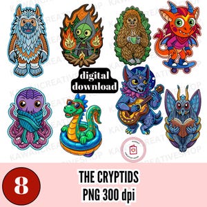 Könnte beinhalten: Acht digitale Illustrationen von Kryptiden, jede mit einer einzigartigen Persönlichkeit und einem einzigartigen Stil. Die Kryptiden sind im Cartoon-Stil mit leuchtenden Farben und skurrilen Details dargestellt. Die Illustrationen eignen sich perfekt für den Einsatz in digitalen Projekten, wie z. B. Social-Media-Posts, Website-Grafiken oder Druckmaterialien.
