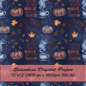 Motivo senza soluzione di continuità con zucche e libri autunnali, motivo ripetuto autunnale a tema libri, carta digitale per lettori autunnali, zucca di Halloween per amanti dei libri