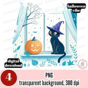 Op de afbeelding: Digitale illustratie van een zwarte kat met een paarse heksenhoed, naast een oranje pompoen met een uitgesneden gezicht. De afbeelding bevat de tekst "halloween vibe" en "digital download". De achtergrond toont een raam en bladeren.