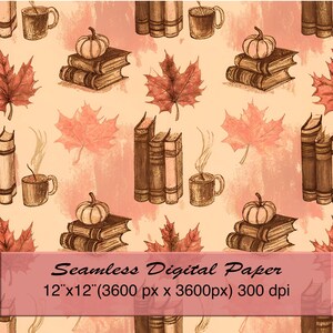 Könnte beinhalten: Nahtloses digitales Papier mit einem sich wiederholenden Muster aus Herbstmotiven. Das Design zeigt Kürbisse, Bücherstapel, Ahornblätter und Kaffeetassen. Das Papier misst 30,48 cm x 30,48 cm bei 300 dpi.
