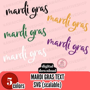 Pacote SVG de script de carnaval 5 arquivos de texto digital coloridos em branco, preto, roxo, dourado, verde, minimalista, escalável, vetor, uso comercial