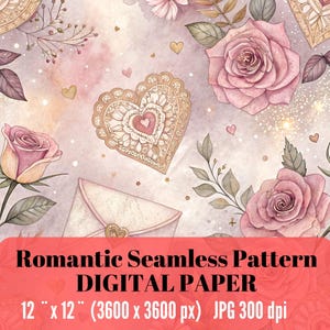 Könnte beinhalten: Ein Aquarell-Digitalpapier-Design mit rosa Rosen, Herzen und einem Umschlag. Der Text lautet "Romantic Seamless Pattern DIGITAL PAPER" und die Abmessungen betragen 30,48 cm x 30,48 cm. Das Bild hat eine weiche, romantische Ästhetik.