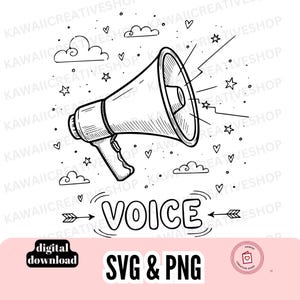 Könnte beinhalten: Schwarz-Weiß-Illustration eines Megaphons mit dem Wort "VOICE" darunter, umgeben von Sternen, Wolken und Herzen. Das Bild enthält auch den Text "SVG & PNG" und "digitaler Download".