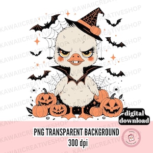 Könnte beinhalten: Ein digitaler Download-Grafik mit einer Cartoon-Ente mit Hexenhut und Vampirumhang, umgeben von Fledermäusen, Spinnweben und Kürbissen. Der Text "PNG TRANSPARENT BACKGROUND 300 dpi" ist enthalten.