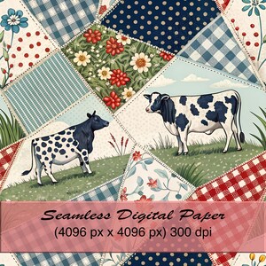 Könnte beinhalten: Ein Patchwork-Design mit Kühen, Blumenmustern und Tupfen. Das Design enthält ein rosa Banner mit dem Text "Seamless Digital Paper". Die Farbpalette umfasst Rot, Blau, Grün und Weiß. Digitales Papier.