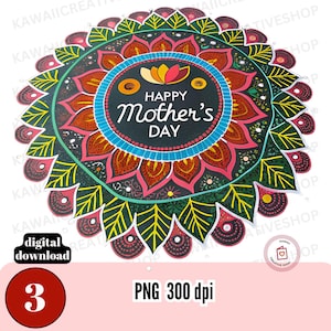 Feliz Día de la Madre, conjunto de imágenes PNG de Rangoli, mandala decorativo colorido, imágenes prediseñadas, patrón simétrico de festival, ilustraciones de arte popular indio