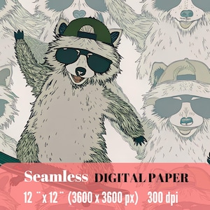Könnte beinhalten: Nahtloses digitales Papier mit einem sich wiederholenden Muster von Comic-Waschbären mit Sonnenbrillen und Hüten. Die Waschbären sind in Grau-, Grün- und Weißtönen gehalten. Das Papier ist 30,48 cm x 30,48 cm (3600 x 3600 px) bei 300 dpi.