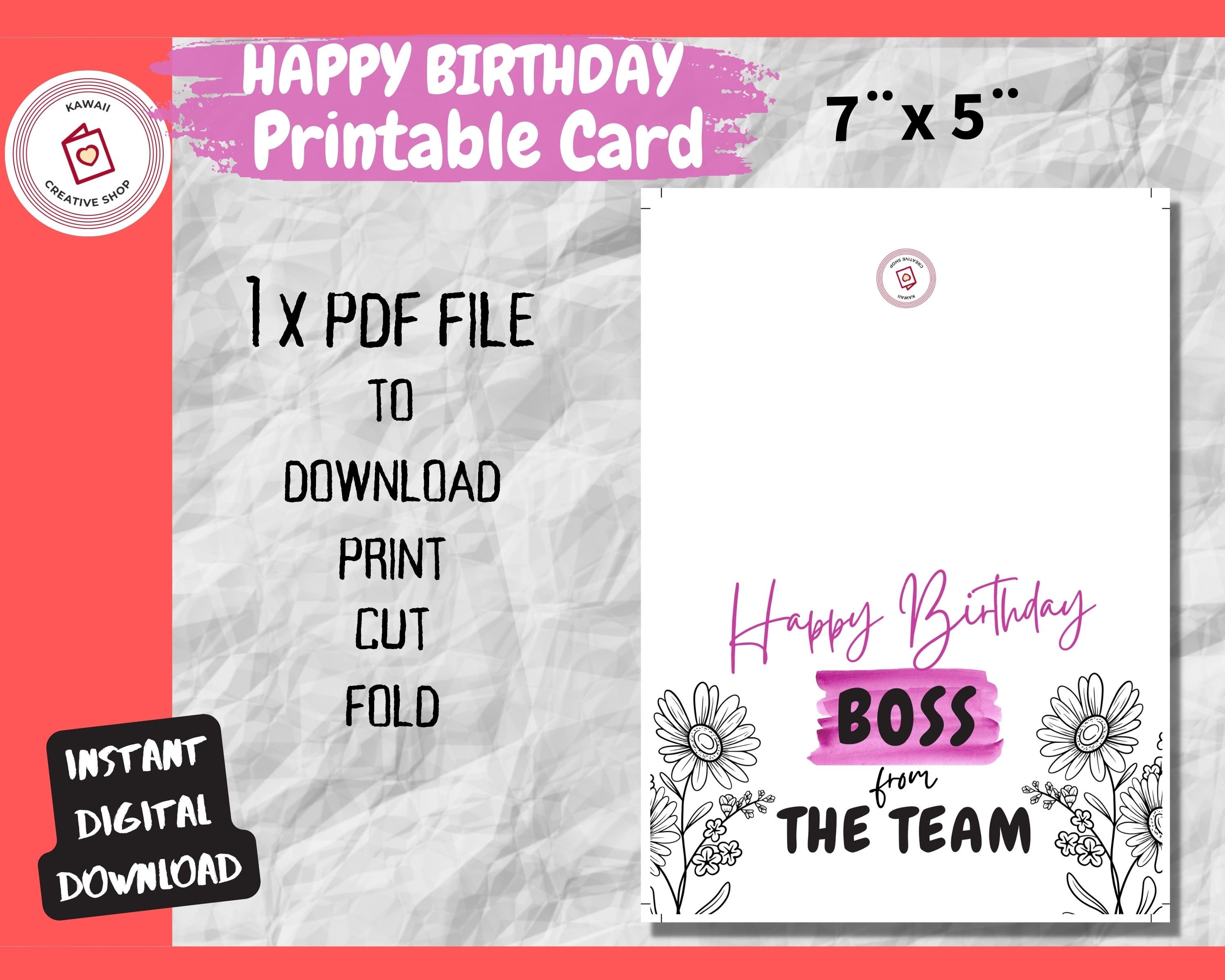Printable Birthday Card for Boss 7 X 5 Inch Boss Card Gift for Employer ...