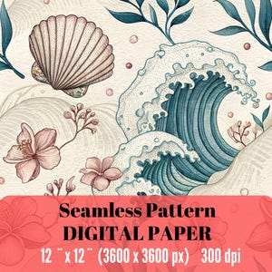 Könnte beinhalten: Nahtloses digitales Papier mit einem sich wiederholenden Muster aus Muscheln, Meereswellen und Blumen in Beige-, Blau- und Rosatönen. Das Design enthält den Text "Seamless Pattern DIGITAL PAPER 12" x 12" (3600 x 3600 px) 300 dpi".