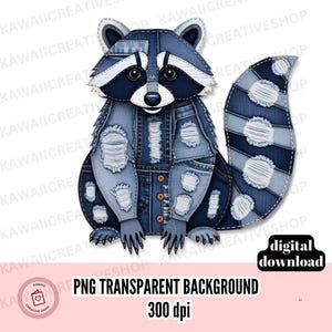 Könnte beinhalten: Eine digitale Illustration eines Waschbären aus Jeansstoff-Flicken. Der Waschbär hat ein Patchwork-Design mit Details aus zerrissenem Jeansstoff. Das Bild enthält den Text "PNG TRANSPARENT BACKGROUND 300 dpi" und "digital download".