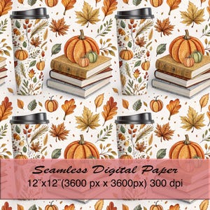 Könnte beinhalten: Nahtloses digitales Papier mit einem sich wiederholenden Muster aus Kürbissen, Herbstblättern, Büchern und Kaffeetassen. Das Design zeigt orange, grüne und braune Elemente auf cremefarbenem Hintergrund. Der Text "Seamless Digital Paper" ist enthalten.