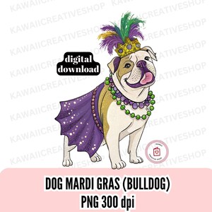 Chien Mardi Gras PNG Clipart Bulldog Charmant chien PNG avec perles et tenue de Mardi Gras Téléchargement numérique pour fête et décoration Utilisation commerciale