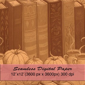 Könnte beinhalten: Nahtloses digitales Papierdesign mit Büchern, Kürbissen und Kaffeetassen. Das Design ist in Braun- und Beigetönen gehalten und enthält den Text "Seamless Digital Paper". Die Größe beträgt 30.48 cm x 30.48 cm.