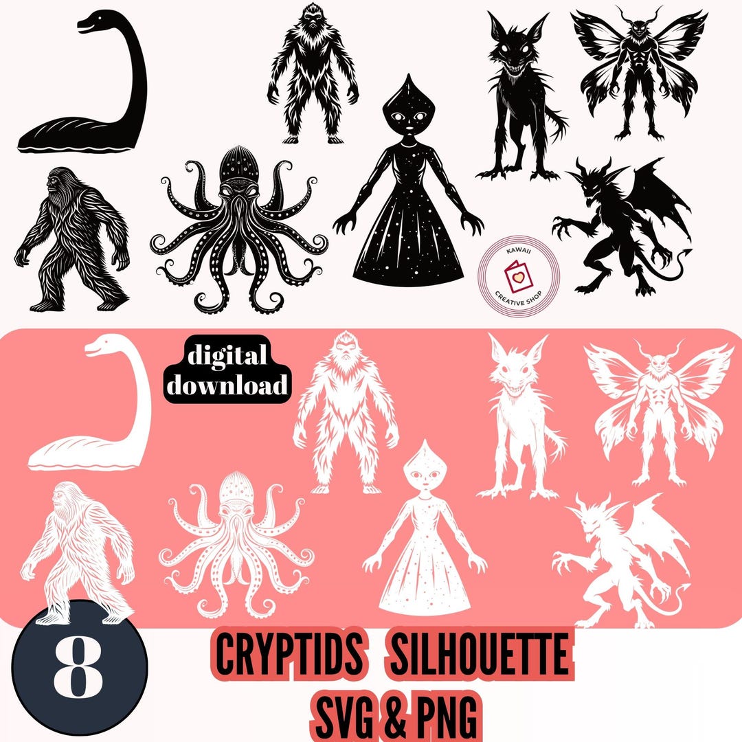 Cryptids Silhouette Bundle Black White SVG PNG Files Mythical 