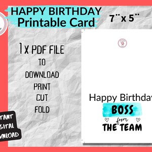 Printable Birthday Card for Boss 7 X 5 Inch Boss Card Instant Download ...