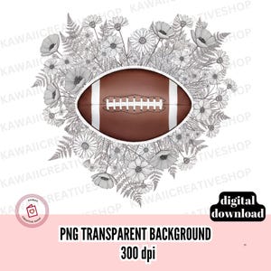 Könnte beinhalten: Ein brauner Football mit weißen Streifen und Schnürsenkeln ist in einer herzförmigen Anordnung aus schwarz-weißen Blumen und Blättern zentriert. Der Text "PNG TRANSPARENT BACKGROUND 300 dpi" und "digital download" ist enthalten.