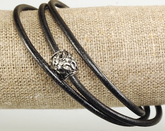 Black leather bracelet with stainless steel magnetic clasp, triple wrapped bracelet 3mm